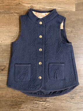 Max Studio Navy Quilted Floral-Pattern Girls' Vest with Gold Buttons
